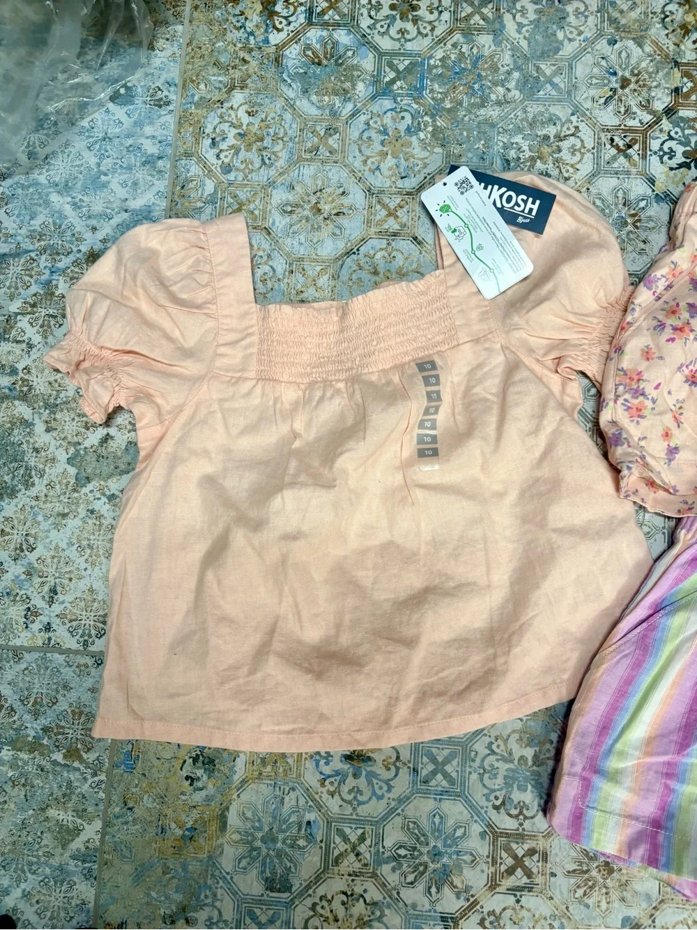 OshKosh B'gosh Peach Top with Peach Floral and Pastel Striped Shorts Set